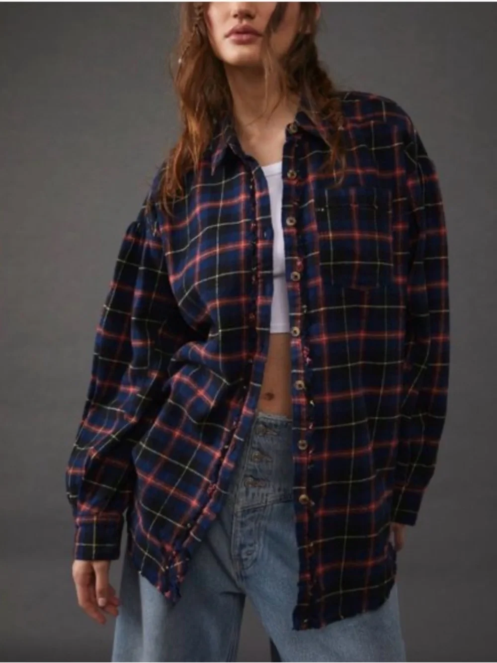Free People Navy Red Plaid Button-Down Shirt